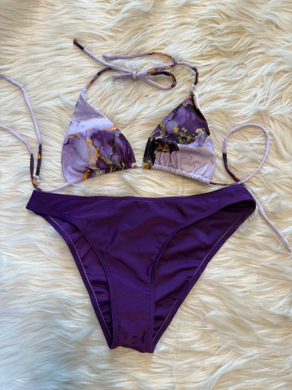 Purple Marble Print Triangle Bikini Top/Small Bottom/Medium NWOT